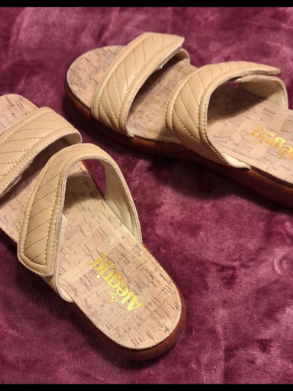 Alegria Tan Quilted Slide Sandals